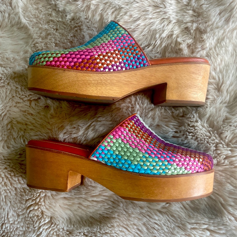 Charlotte Stone Multicolor Woven Leather Wood-Platform Mules